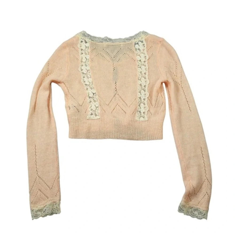 ZARA Peach Pointelle Lace Trim Cropped Cardigan Sweater Delicate Cottagecore
